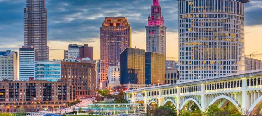Cleveland, Ohio, USA downtown city skyline on the Cuyahoga River Cleveland, Ohio, USA downtown city skyline on the Cuyahoga River at twilight.
